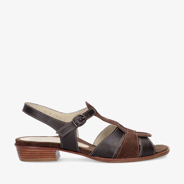 Bruine leren sandaal Schneider 954 920 22166 met suede en gladde bandjes open teen slingback gesp en lage houten hak