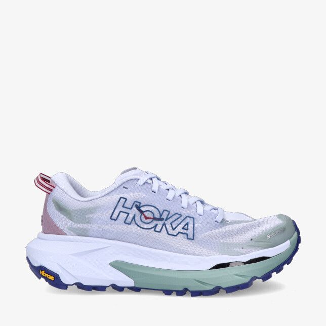Paarse HOKA W Mafate 5 1168723-ABNT met mesh bovenwerk dikke zool blauwgroene details en Vibram noppenzool