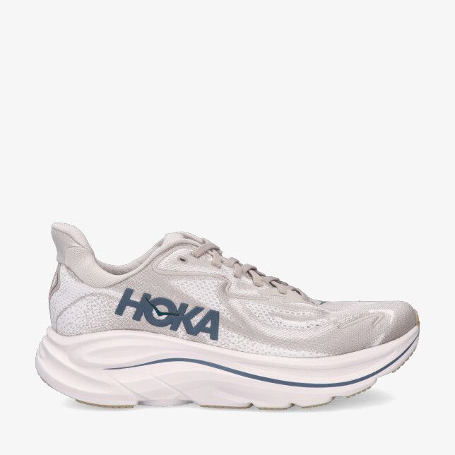 Beige HOKA M Clifton 10 model 1162030-PTYG hardloopschoen met ademend mesh en dikke zool met donkerblauw logo