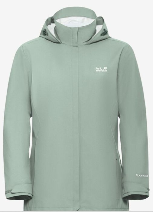 Groene Jack Wolfskin jas A63902 E0272 met capuchon hoge kraag en verborgen rits in matte stof met klittenband manchetten