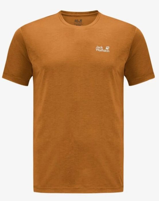 Effen okerkleurig Jack Wolfskin T-shirt Vonnan S/S T M 1809951 5401 van textiel met ronde hals korte mouwen en borstlogo