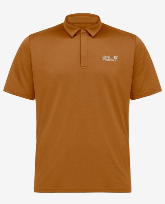 Jack Wolfskin Delgami Polo M 1809801 5401 in effen okerkleurig textiel met korte mouwen kraag en subtiel borstlogo
