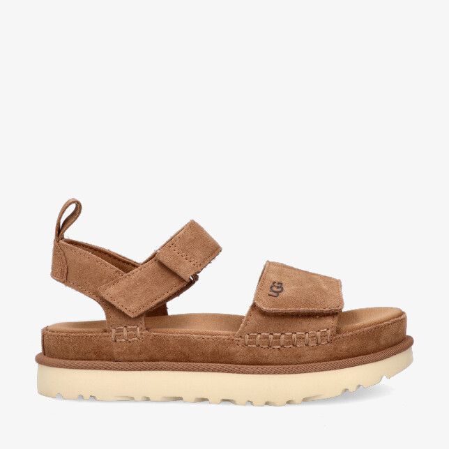 UGG Goldenstar W 1136783 CHE cognackleurige suède sandaal met klittenbandsluitingen en dikke crèmekleurige profielzool