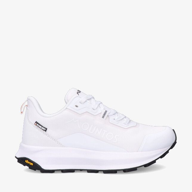 Witte Mountos Olympus 725000-300 trailsneaker met dikke tussenzool zwarte Vibram loopzool en reliëflogo op de zijkant