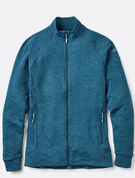 Blauwe fleecejas Rab QFF 73 TMB met hoge kraag doorlopende rits raglanmouwen en twee ritszakken met melange textuur