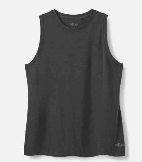 Zwarte Rab QBL 76 BLK tanktop met ronde hals mouwloos gladde stof en subtiel logo aan de zoom