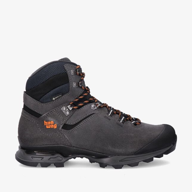 Grijze Hanwag Tatra Light GTX H202500 064023 bergschoen van nubuck met hoge schacht oranje logo haken en profielzool