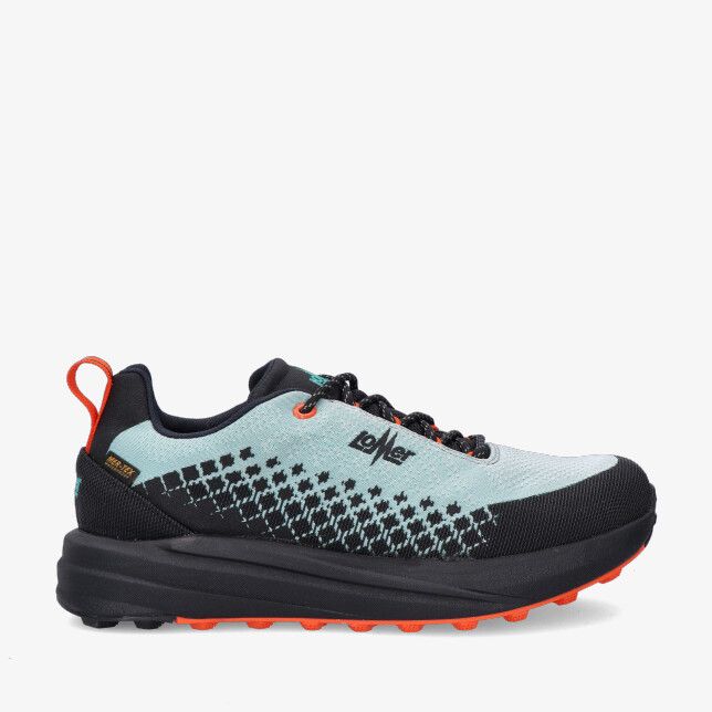 Lomer 38.60100.A.08 groene mesh sneaker met zwarte accenten en noppenzool met oranje details en pixelpatroon