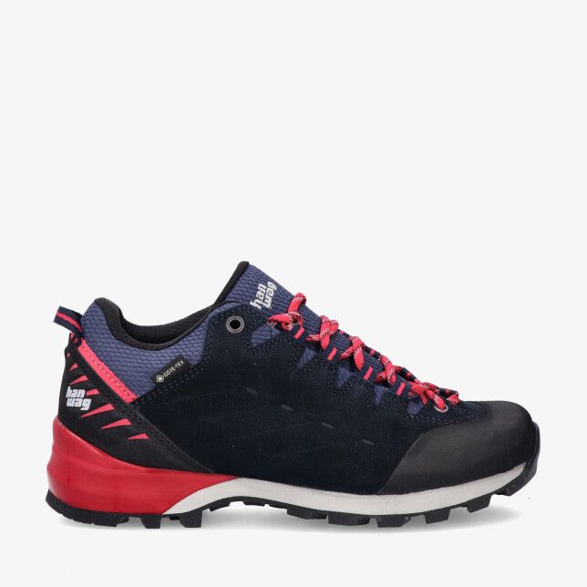 Blauwe Hanwag Makra Pro Low Lady GTX H100601 007522 van nubuck met robuuste profielzool rode details en rubberneus