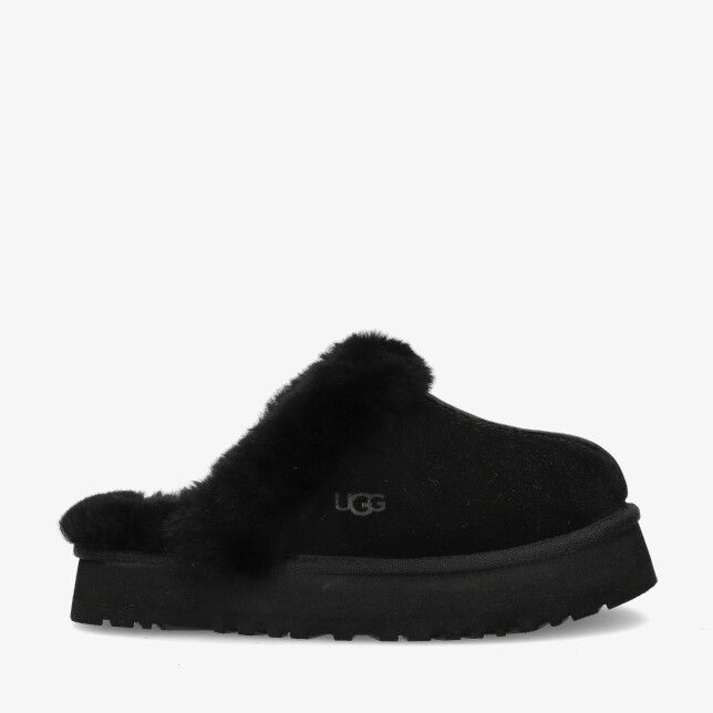 Zwarte suède UGG Disquette W 1122550 BLK instapper met zachte bontkraag en dikke profielzool