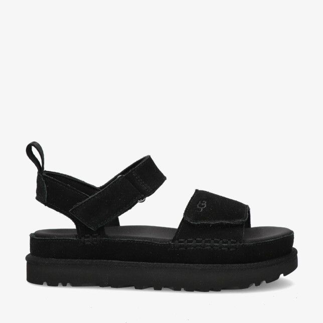 UGG Goldenstar W 1136783 BLK sandaal in zwarte suède met dikke platformzool klittenbandriempjes en hielriem