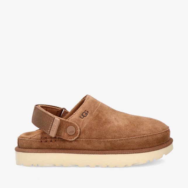 UGG Goldenstar W 1138252 CHE in cognackleurig suède muil met verstelbare hielband en dikke crèmekleurige zool