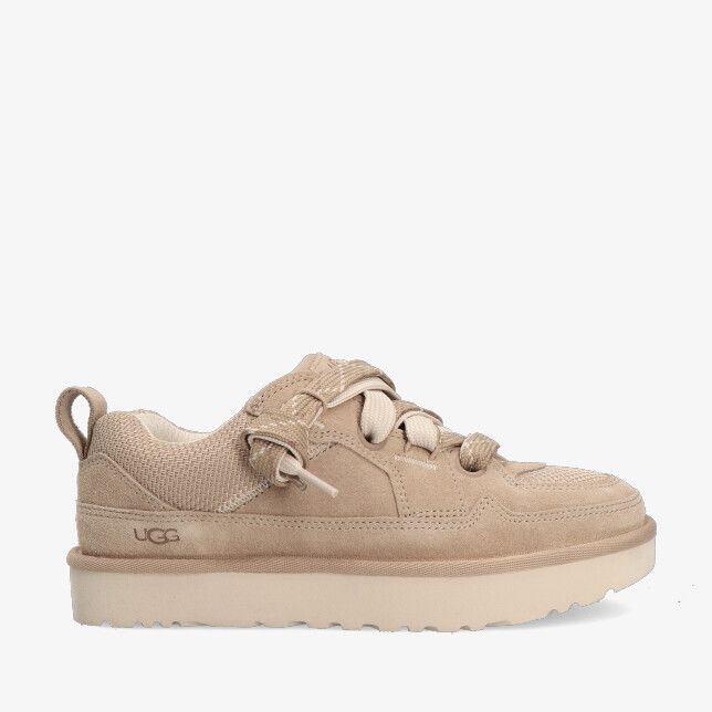 Beige UGG Lowmel W 1168890 MDSD sneaker van suède met dikke zool mesh panelen en brede veters