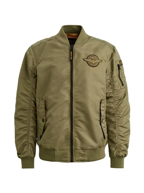 Groene bomberjas van PME Legend model PJA2602131 6379 met glanzende stof ritssluiting ribboorden mouwzak en borstpatch