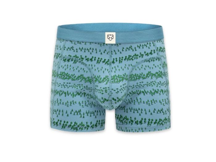 Blauwe A-dam Forrest MUBB0362 boxershort met groene bomenprint gevormde pouch en blauwe tailleband met logolabel
