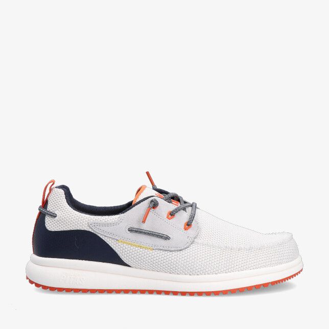 Witte Walk in PITAS BAY BLANCO schoen van textiel met mesh mocneus grijze veters en oranje details op witte zool