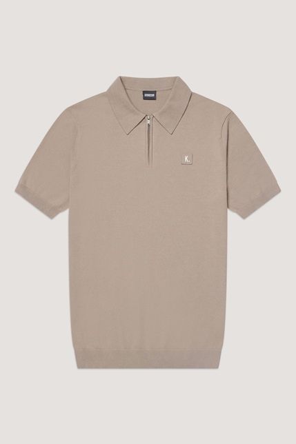 Kultivate taupe fijngebreid poloshirt met korte mouw en halve rits met klein borstlogo model 2501080401 130