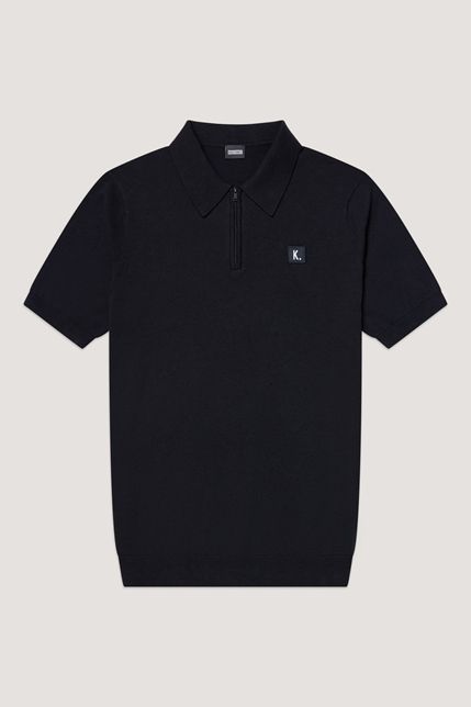 Blauwe Kultivate gebreide polo met korte mouwen halve rits ribboorden en borstpatch met K model 2501080401 319