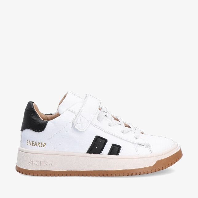 Witte leren Shoesme NO25S010 C sneaker met klittenband en veters zwarte hiel en strepen en gumzool