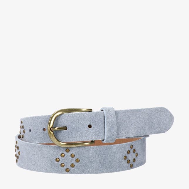 Blauwe Teatro Kathy Celeste Blue suède riem met antiekgouden gesp en ronde studs
