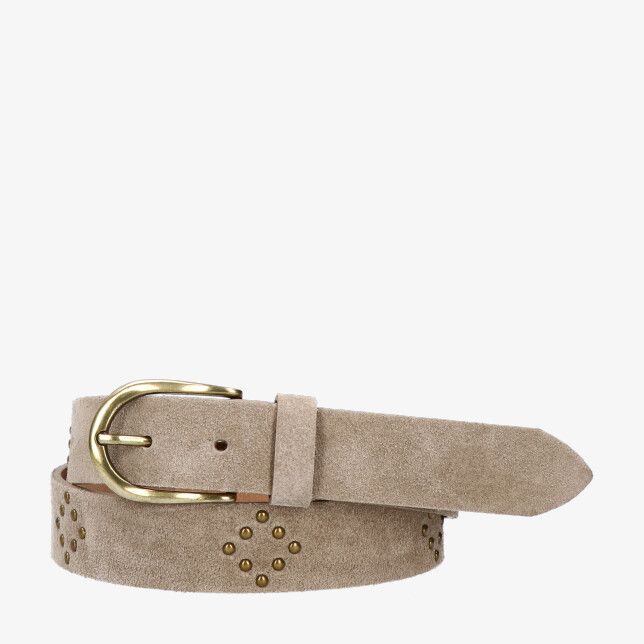 Teatro Kathy riem in ecru suède met gouden gesp en kleine studs in ruitpatroon
