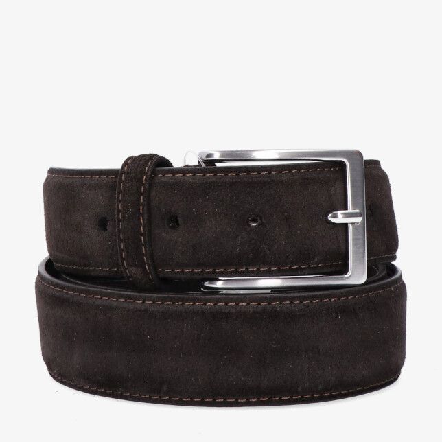 Bruine suède riem Giorgio M021 TDM met matte textuur contraststiksel en rechthoekige zilveren gesp