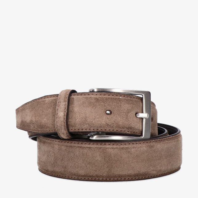 Taupe suède riem van Giorgio model T000 met zilverkleurige rechthoekige gesp en nette stiksels