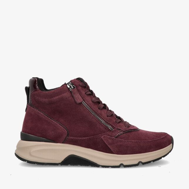 Bordeauxrode suède halfhoge sneaker Rolling Soft 0803.02 005 met veters en zijrits op dikke beige zool met zwarte accenten