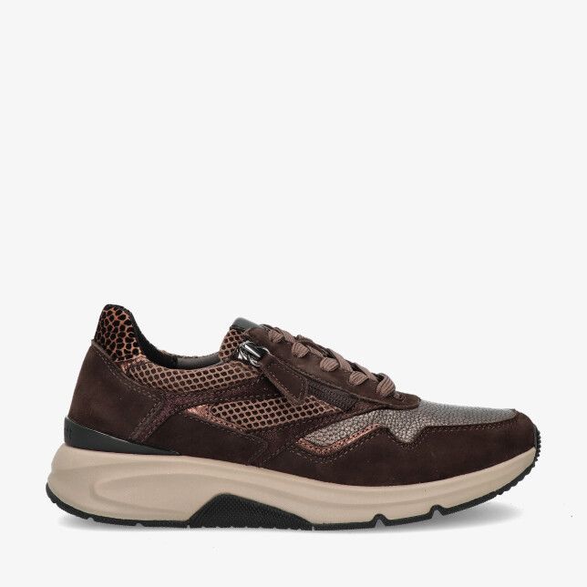 Bruine Rolling Soft 0103.01 005 sneaker in leercombinatie met mesh en koperkleurige glans rits en dikke beige zool