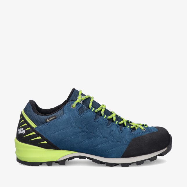 Blauwe suède Hanwag Makra Pro Low GTX wandelschoen H100600 597666 met limegroene veters en zwarte stootrand