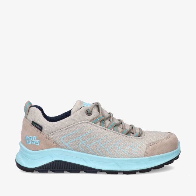 Beige Hanwag Coastridge Low Lady ES H500431 006516 schoen met synthetisch mesh bovenwerk turquoise details en blauwe zool