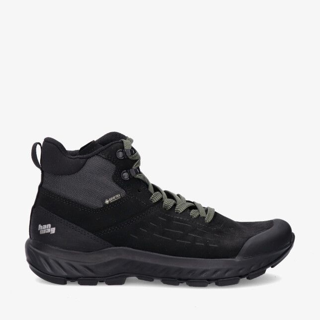 Zwarte leren Hanwag Kaduro H301100 012064 wandelschoen midhoog met groene veters Gore Tex label en profielzool