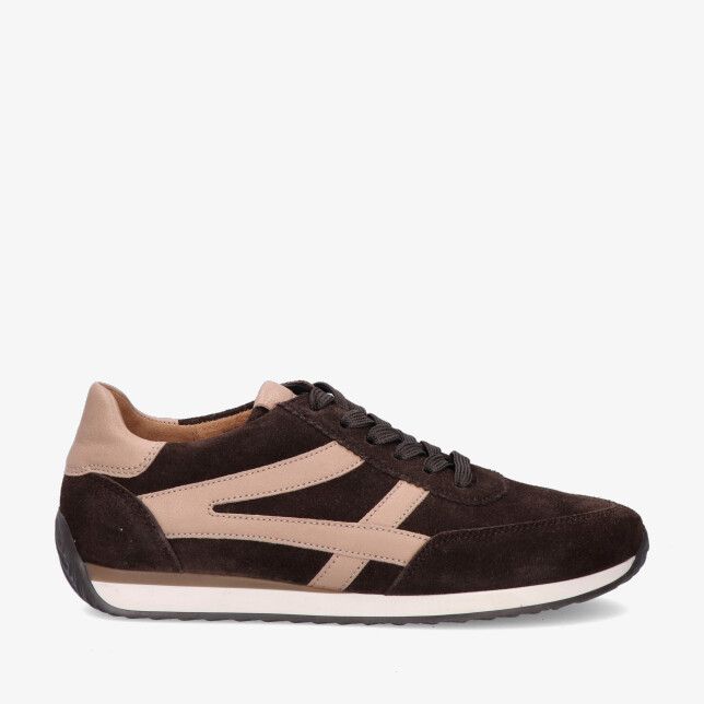 Bruine Gabor 6032.01 003 sneaker in leercombinatie met suède look contrasterende beige panelen en witte zool