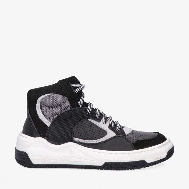Zwarte Track Style 326875 589-W5 hoge sneaker in leren combinatie met grijze mesh perforaties en dikke witte zool