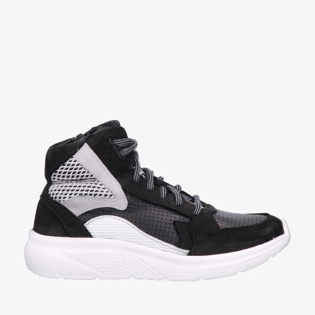 Zwarte Track Style 326876 589-W3 hoge sneaker in leren combi met mesh details perforaties en een witte chunky zool