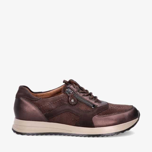 Bruine Waldlaufer H-VICKY 752004 411 192 sneaker in leren combi met glans rits en veters op beige zool