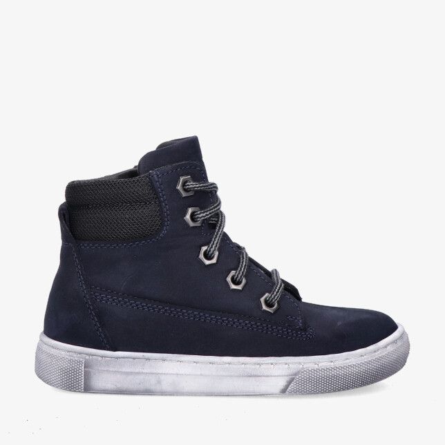 Blauwe nubuckleren Track Style 326860 129-W3 hoge sneaker met meshkraag metalen veterogen en witte zool met used look