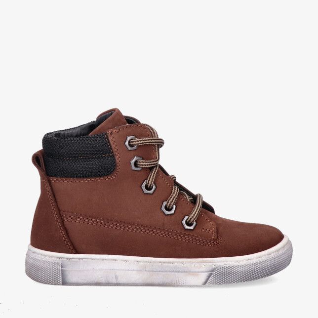 Bruine nubuck kindersneaker Track Style 326860 414-W5 met zwarte gewatteerde kraag hikingveters en witte cupzool
