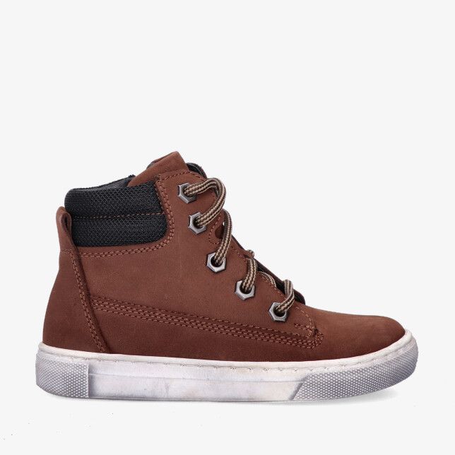 Bruine Track Style 326860 414-W3 hoge nubuck sneaker met zwarte gewatteerde kraag metalen veterogen en witte rubberzool