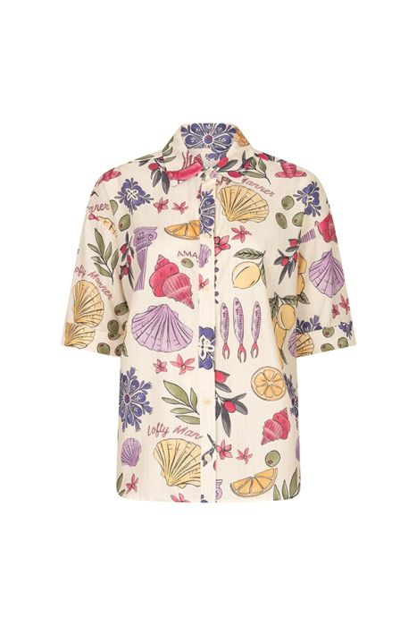 Lofty Manner RE13 Blouse Iris 827 in multicolour met korte mouwen knoopsluiting en speelse schelpen bloemen en citrusprint