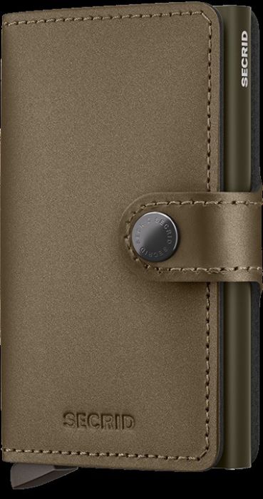 Secrid Miniwallet in matte satijnen bronzen leer met drukknoopbandje en zichtbare aluminium kaarthouder