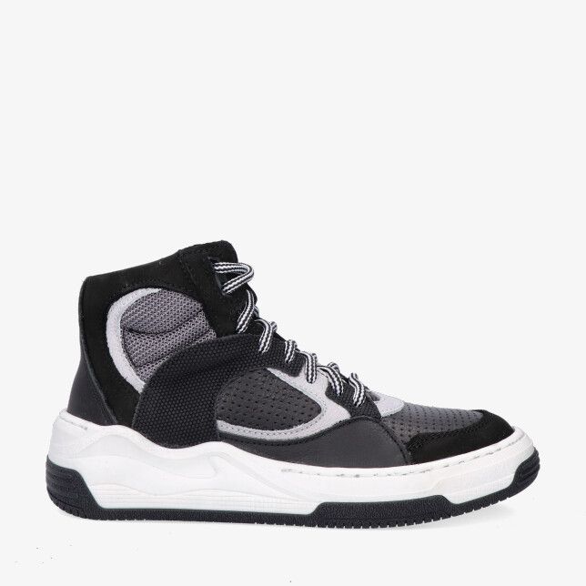 Zwarte Track Style 326875 589-W3 high top sneaker in leren combi met geperforeerde panelen mesh details en witte chunky zool