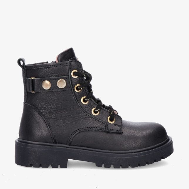 Zwarte leren veterlaars Twins 326623 589-W5 met grove zool gouden oogjes en riemdetail met studs