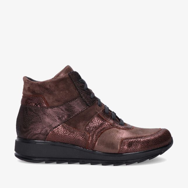 Bruine Durea FLEX 9745 685 2298 hoge sneaker in leer combi met suède en glanzend structuurleer veters en zwarte zool