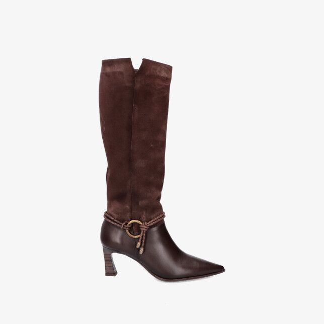 Hispanitas Paris 265123 laars in taupe en espressobruin leer en suède met puntneus middelhoge hak en koorddetail met ring