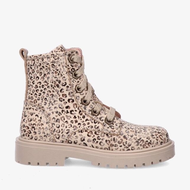 Beige leren veterlaars Twins 326628 506-W2 met luipaardprint grove zool hiel lus en ronde neus