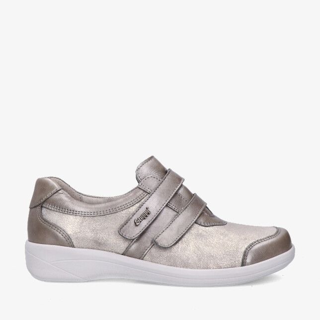 Beige Stuppy 3972 369 036 comfortschoen met metallic glans dubbele klittenbandsluiting en witte zool met stretch combi