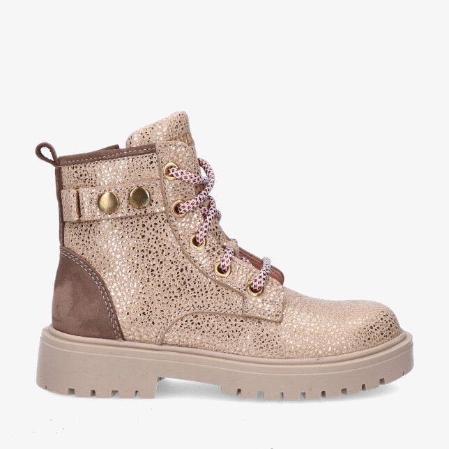 Bronzen veterboot van metallic leer Twins 326623 972-W3 met grove zool roze witte veters gouden oogjes en suède hielstuk