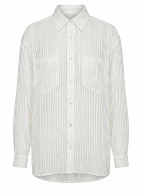 Witte EST'SEVEN Noor blouse met verticale strepen licht doorschijnend met knoopsluiting twee borstzakken en losse pasvorm