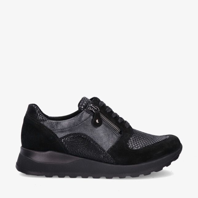 Zwarte Waldlaufer Hiroko H64007 601 001 sneaker in leercombi met reliëf en suède panelen rits naast veters en profielzool